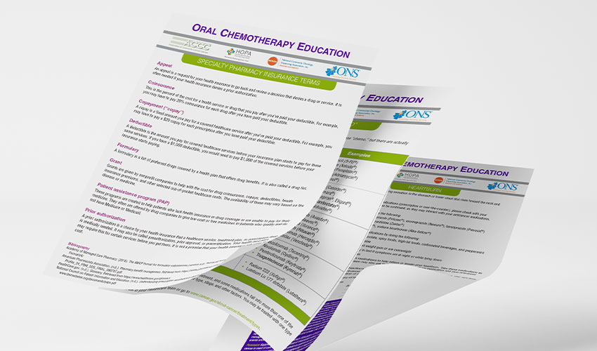 Examples of oral chemotherapy education sheets on a white background